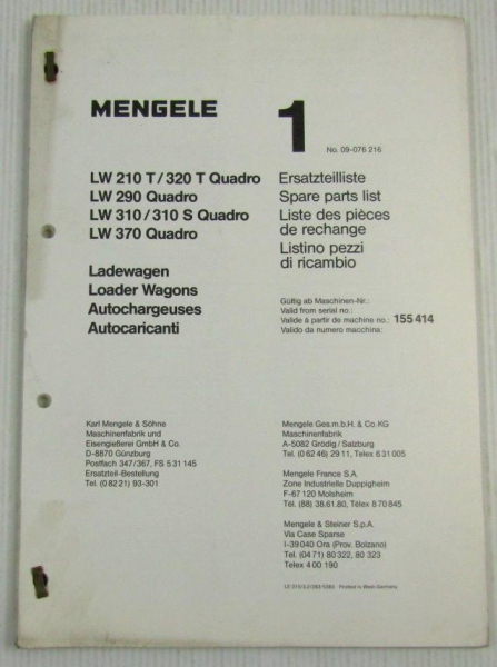 Mengele LW210 320 290 310 370 T S Quadro Ladewagen Ersatzteilliste Parts List 83