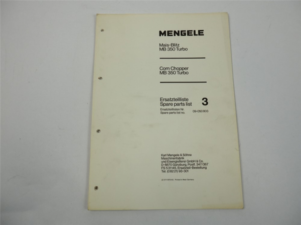Mengele MB350 Turbo Mais Blitz Häcksler Ersatzteilliste Ersatzkatalog 1979