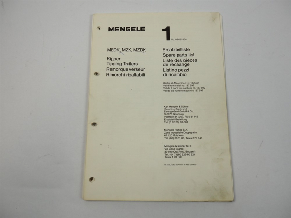 Mengele MEDK MZK MZDK Kipper Ersatzteilliste Spare Parts List