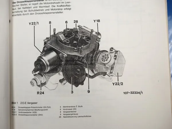 Mercedes 190 200 200T Motor 102 Vergaser Pierburg 2E-E Kundendiensthandbuch 1986