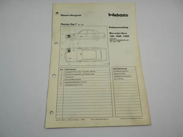 Mercedes Benz 190 E D W201 Einbauanleitung Webasto Thermo Top T BW/DW50 Heizung