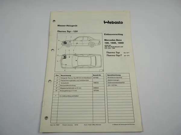 Mercedes Benz 190 E D W201 Einbauanleitung Webasto Thermo Top T BW50 12V Heizung