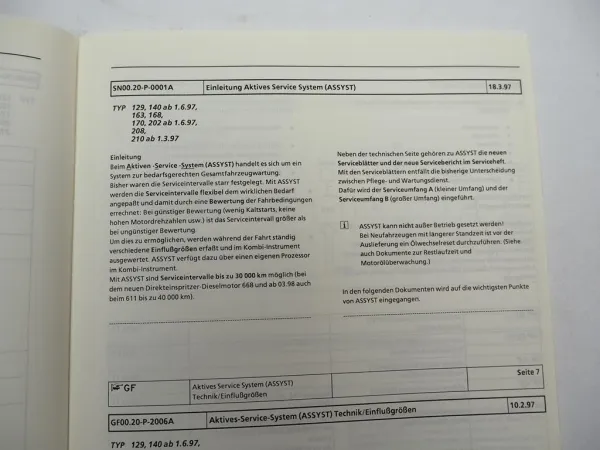 Mercedes Benz Aktives Service System ASSYST Einführungsschrift Service 1997