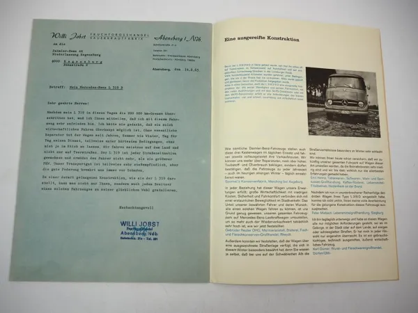 Mercedes Benz L319 L319D Transporter 2x Prospekt Anschreiben 1963