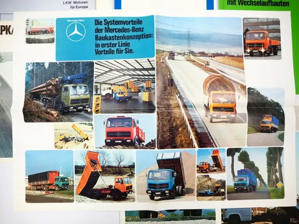 Mercedes Benz LKW Kipper Nutzfahrzeuge 8x Prospekt 1970er Jahre L407 1213K 1217K