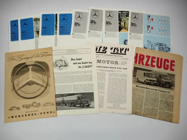 Mercedes Benz LKW Nutzfahrzeuge 8x Prospekt Zeitungsberichte 1950/70er Jahre