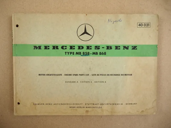 Mercedes Benz MB 858 868 Motor Ersatzteilliste Parts List 1966