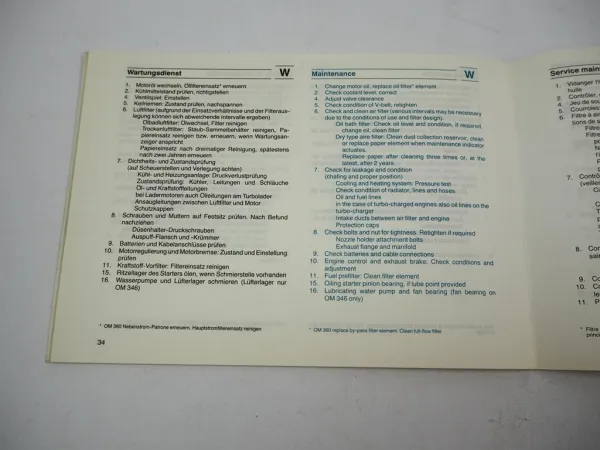 Mercedes Benz OM 314 352 360 346 355 A h Industriemotor Wartungsheft blanko 1983