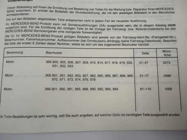 Mercedes Benz OM 366 / A LA Motor Teile Bildkatalog Engine Illustr Parts List 88