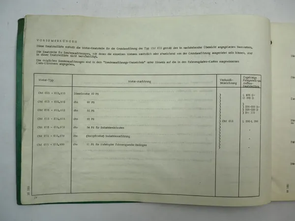 Mercedes Benz OM 615 Dieselmotor Ersatzteilliste Ersatzteilkatakog 1971