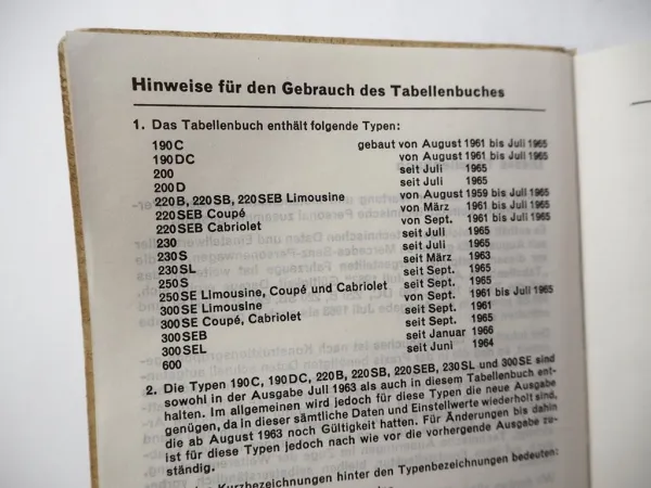 Mercedes Benz PKW 190 200 220 230 250 300 600 C DC S SL Tabellenbuch 1963-1966