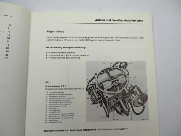 Mercedes Benz Solex Vergaser 4A1 im Motor 110 123 Kundendiensthandbuch 1978