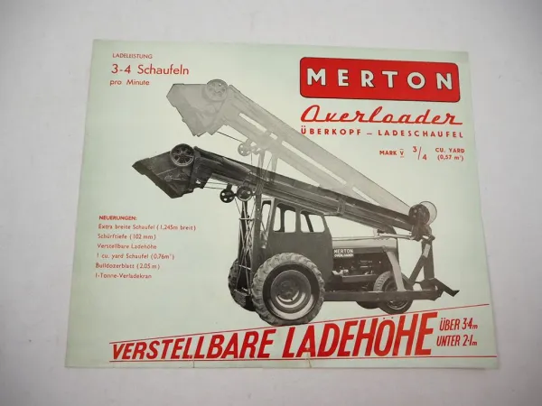 Merton Overloader Überkopf Ladeschaufel Prospekt 1950er Jahre England