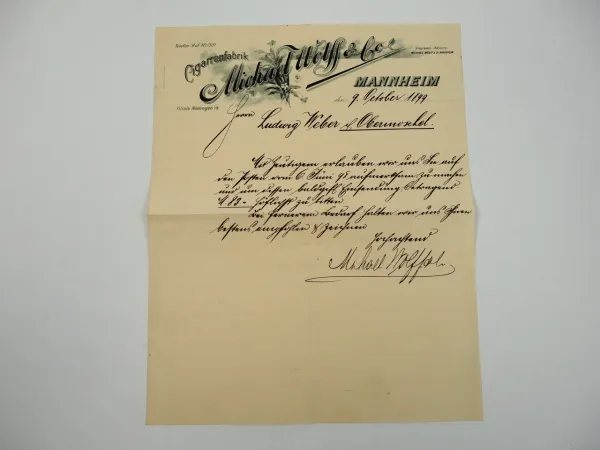 Michael Wolff Co. Cigarrenfabrik Mannheim Brief 1899