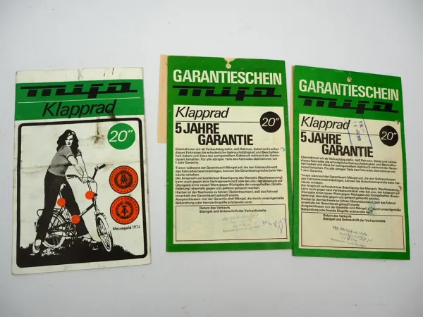 Mifa Klapprad Fahrrad 3x Original Garantieschein mit Rechnung 1977/80