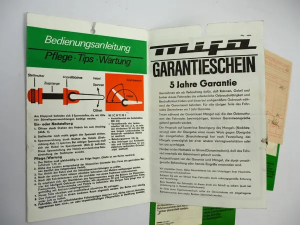 Mifa Klapprad Fahrrad 3x Original Garantieschein mit Rechnung 1977/80