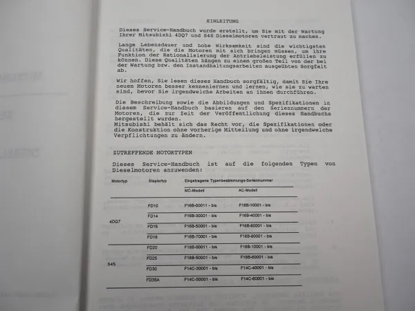 Mitsubishi 4DQ7 S4S Diesel Motor für FD 10 - 35 Stapler Werkstatthandbuch 1991