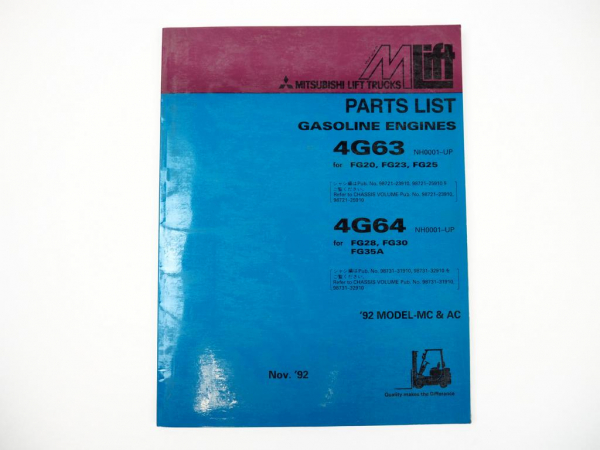 Mitsubishi 4G63 4G64 Engines for Lift Trucks Parts List Ersatzteilliste 1992