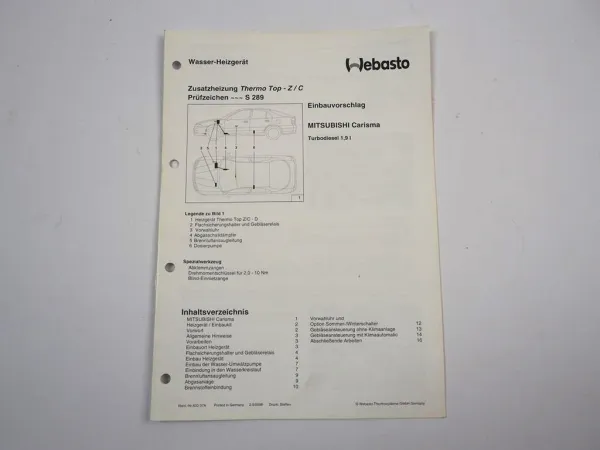 Mitsubishi Carisma 1,9l TD Einbauanleitung Webasto Thermo Top Z/C-D Heizung