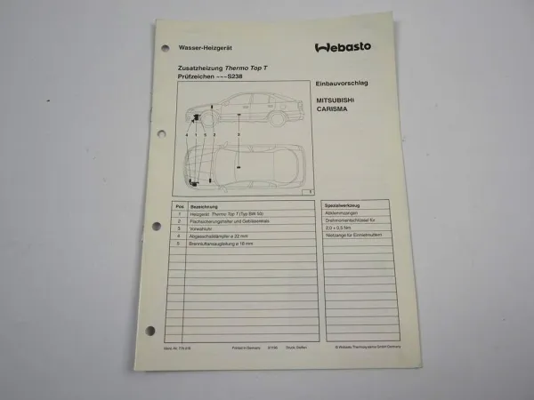 Mitsubishi Carisma Einbauanleitung Webasto Thermo Top T BW50 Heizung