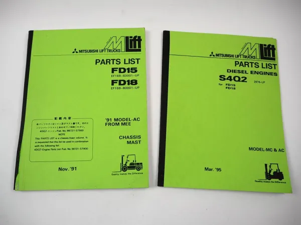 Mitsubishi FD 15 18 Forklift Truck S4Q2 Engine Parts List Ersatzteilliste 91/95