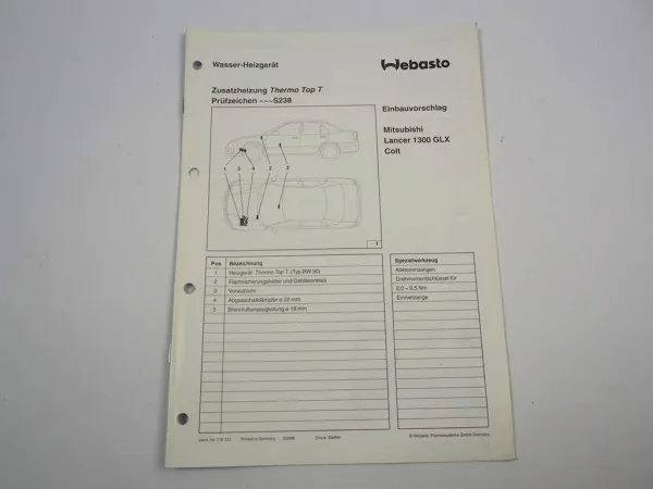 Mitsubishi Lancer 1300GLX Colt Einbauanleitung Webasto Thermo Top T BW50 Heizung