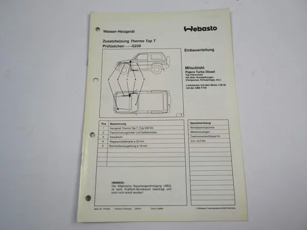 Mitsubishi Pajero Intercooler Einbauanleitung Webasto Thermo Top T DW50 Heizung