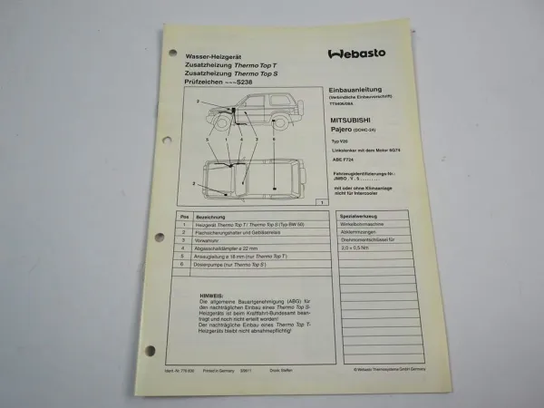Mitsubishi Pajero V20 3500 Einbauanleitung Webasto Thermo Top T / S BW50 Heizung