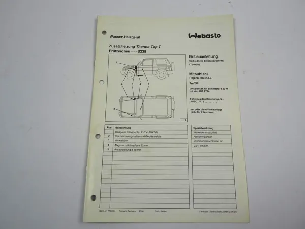 Mitsubishi Pajero V6 3500 V20 Einbauanleitung Webasto Thermo Top T BW50 Heizung