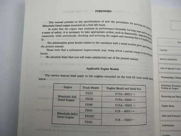 Mitsubishi S6E S6E2 Diesel Engine for FD 35 40 45 50 Forklift Service Manual 1988