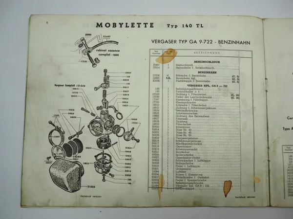 Mobylette 40 140 TL Mofa Moped Ersatzteilliste Ersatzteilkatalog 1971