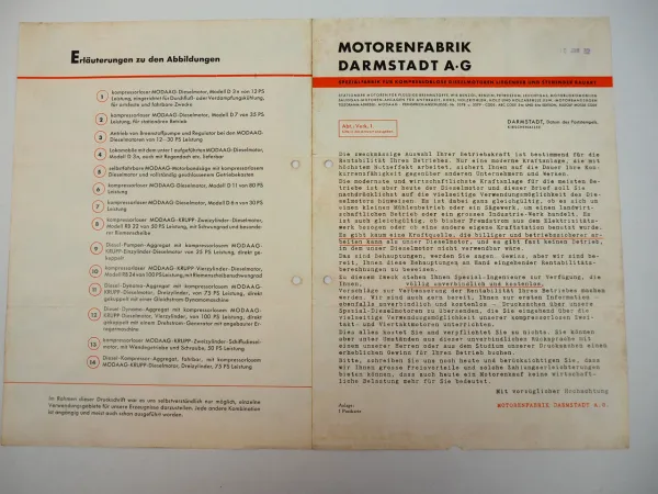 MODAG MODAAG KRUPP Dieselmotor D3n Lokomobil Aggregate Darmstadt Prospekt 1932