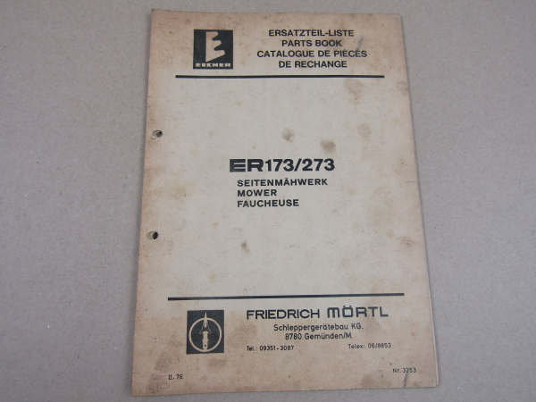 Mörtl ER173 ER273 Seitenmähwerk Ersatzteilliste 1976 Parts List Pieces Rechange