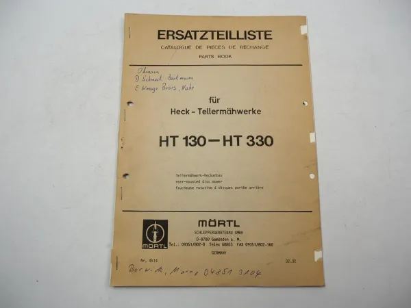 Mörtl HT 130 170 210 250 290 330 Tellermähwerk Heckanbau Ersatzteilliste 1992