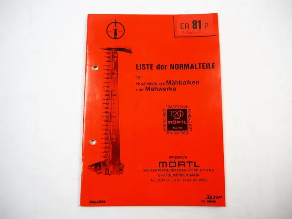Mörtl Liste der Normalteile Mähwerk Mähbalken Ersatzteilliste Ersatzteilkatalog