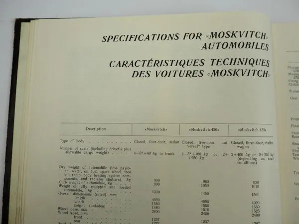 Moskwitsch Moskvitch 408 426 433 Parts Catalog Catalogue des Pieces Detachees