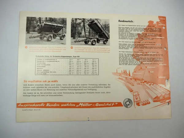 Müller Mitteltal SAW UAW KA KD Anhänger Kipper Ackerwagen Prospekt 1950er Jahre