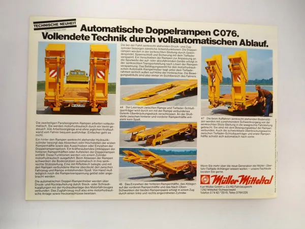Müller Mitteltal T2 T3 T4 Anhänger Tieflader mit Bagger Prospekt ca. 1984