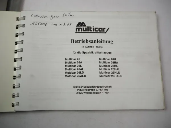 Multicar M26 + A/L/AL LD ALD - HALD Betriebsanleitung 1996 Bedienung & Wartung