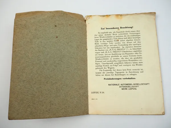 NAG Presto Typ Z Schnelllastwagen LKW Ersatzteilkatalog Ersatzteilliste 1928