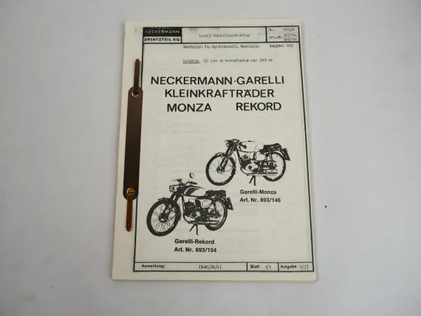 Neckermann Garelli Monza Rekord Kleinkraftrad Bj 1972 Ersatzteilliste