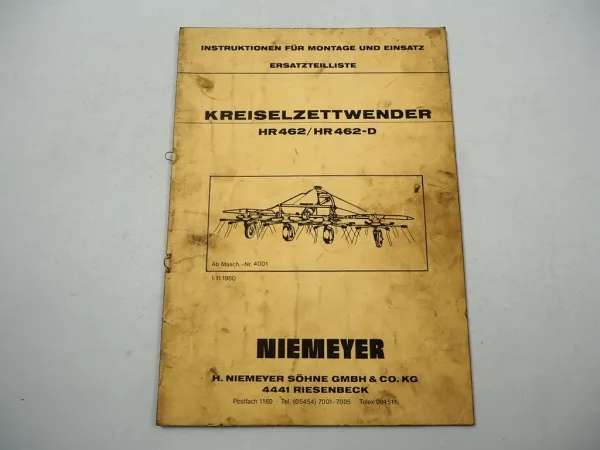 Niemeyer HR462 D Kreiselzettwender Betriebsanleitung Ersatzteilliste 1980