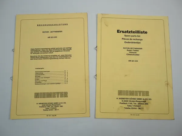 Niemeyer HR521-DH Rotor Zettwender Betriebsanleitung Ersatzteilliste 1988
