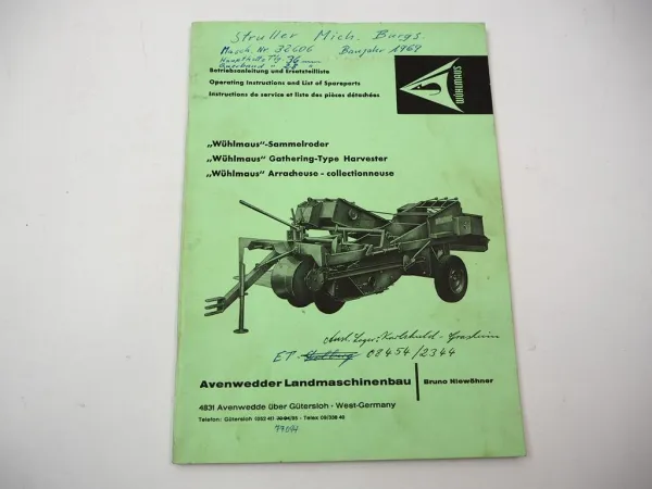 Niewöhner Wühlmaus Kartoffel Sammelroder Betriebsanleitung Ersatzteilliste ca. 1969