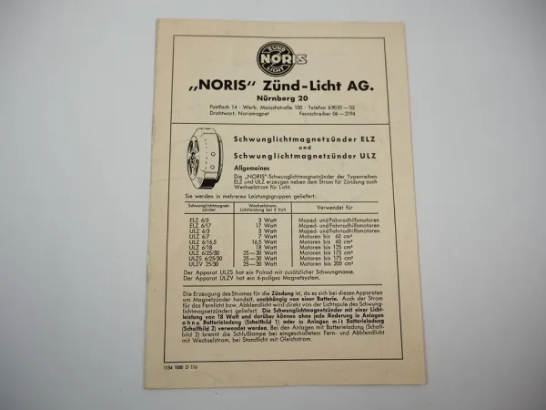 Noris Schwunglichtmagnetzünder ELZ ULZ Betriebsanleitung ca. 1954