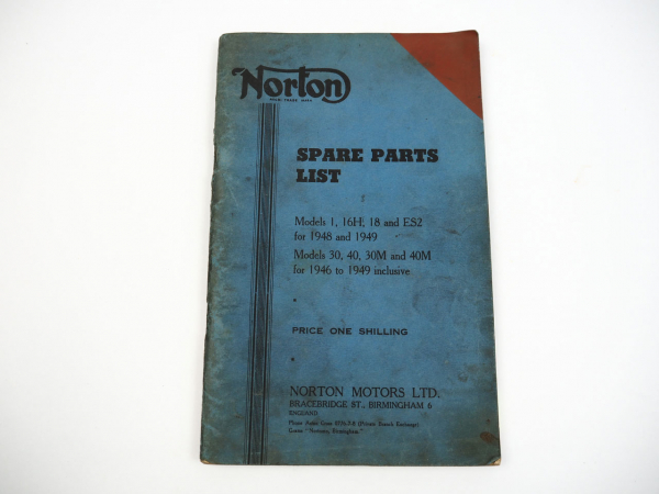 Norton Model 1 16H 18 ES2 30 40 30M 40M Motorcycles Spare Parts List 1949
