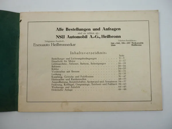 NSU 6/30 7/34 PS Motorwagen Neckarsulm Ersatzteilliste Preisliste 1929