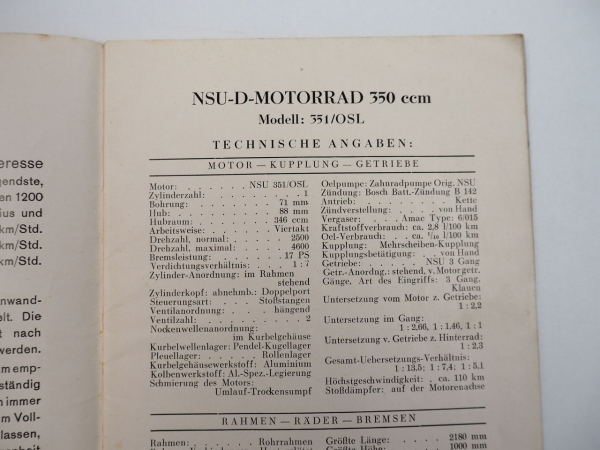 NSU D 351 OSL Motorrad Bedienungsanleitung Betriebsanleitung Wartung ca. 1937