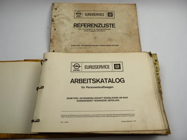 Opel Arbeitskatalog für PKW & Referenzliste Richtzeiten Werkstatthandbuch 1976