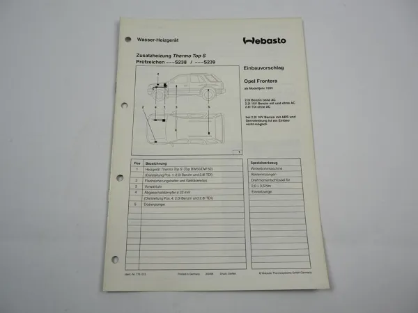 Opel Frontera A 2.0l 2.2l Einbauanleitung Webasto Thermo Top S BW/DW50 Heizung